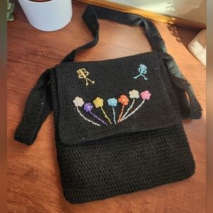 Flower Embroidered Black Crochet Crossbody Bag